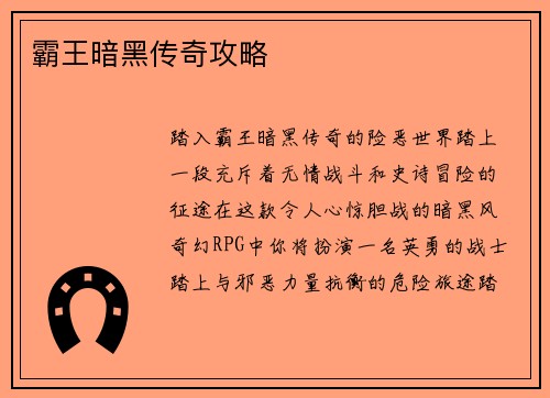 霸王暗黑传奇攻略